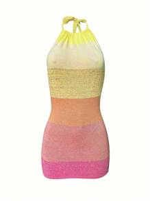 Women Summer Knitted Dress, Solid Color Tied Neck Off-Shoulder Backless Slim Skirt For Ladies, 12 Colors - 藍色 - 查看 6