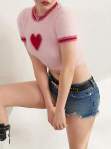 Women's Plush Crop Tops Short Sleeve Crewneck Heart/Cherry/Star Print Short T-Shirt - 粉色 - 查看 7