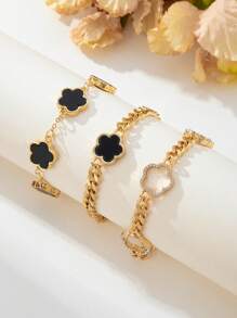 3pcs Rhinestone Decor Thick Chain Black Clover Charms Women Bracelet Set - Black - View 4
