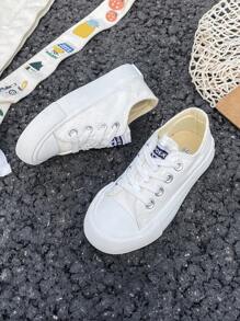 White Canvas Shoes, Toddler Mid-Top Basketball Shoes, Children's Casual Canvas Sneakers, Korean Style, Simple Design, Suitable For Boys & Girls, Spring/Autumn, Low-Top Lace-Up Vulcanized Shoes, Classic Low-Top Canvas Shoes, Fashionable & Versatile Casual Sports Skateboarding Shoes For Kids - White - View 3