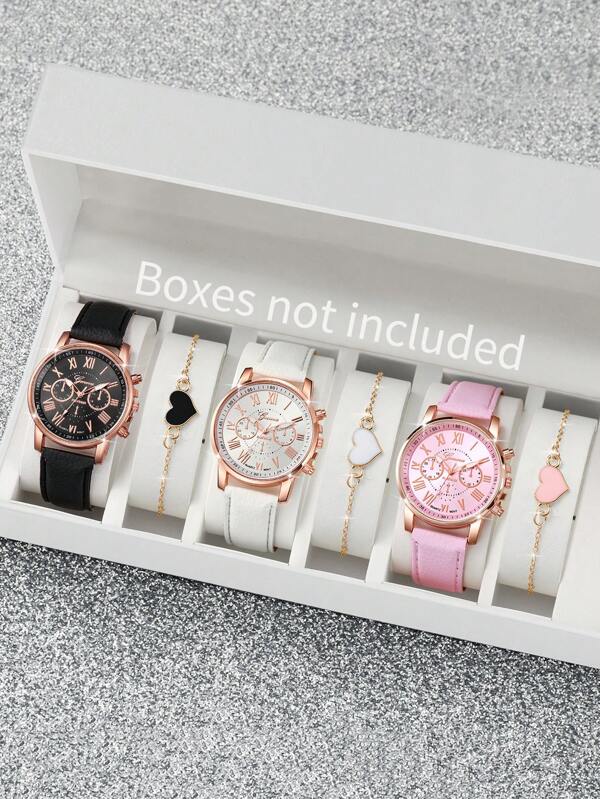 Set de regalo de 6 piezas para mujer: Reloj de cuarzo con esfera de números romanos elegante + pulsera conmovedora, sin caja de reloj incluida