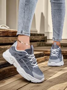 Sporty Front Chunky Sneakers For Women,Colorblock Leather Lace-Up Shoes Women Lightweight Breathable Sneakers Women Shoes Anti-Slip And Wear-Resistant Outdoor Sports Shoes For Women,Comfortable Casual Women Shoes