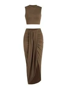 Women's Casual Sleeveless Summer Two Piece Outfits Crop Top And Side Split Draped Ruched Maxi Skirt Set Solid Suiting - Brown - View 7