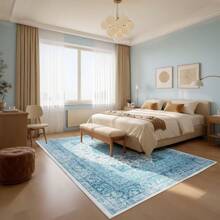 Low Pile Washable Rugs For Living Room, Faux Wool Vintage Rug For Bedroom Dining Room Home Decoration - 藍色 - 查看 2