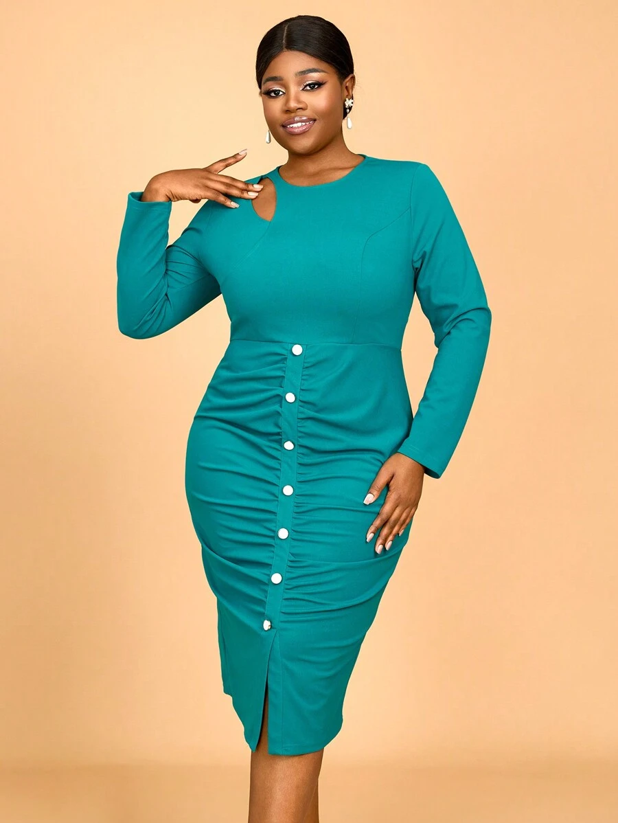 Plus Size Spring Green Easter Asymmetric Hollow Out Long Sleeve Ruched Button Front Bodycon Work Dresses For Birthday, Wedding Guest, Graduation, Dinner, Homecoming