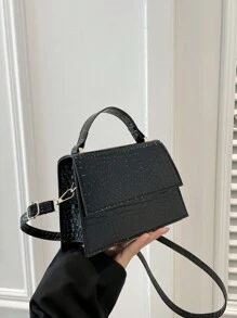 时尚纯色手提包压纹鳄鱼纹漆皮休闲翻盖小方包手提休闲通勤包春夏新款单肩斜跨包女 - 黑色 - 查看 6