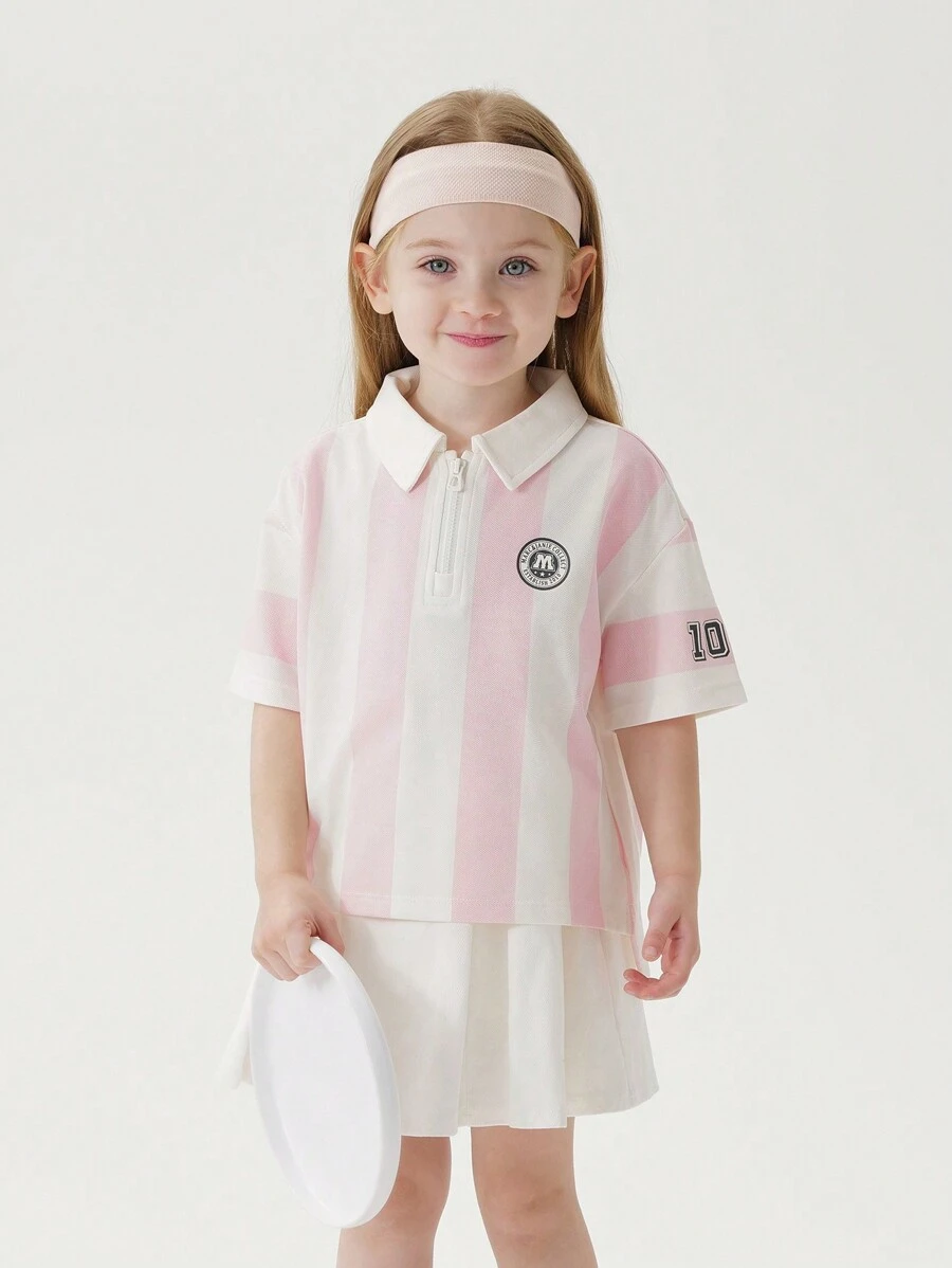MARC&JANIE 青少女夏季快干直條紋短袖Polo衫，運動風格 - 淺粉色 - 查看 1