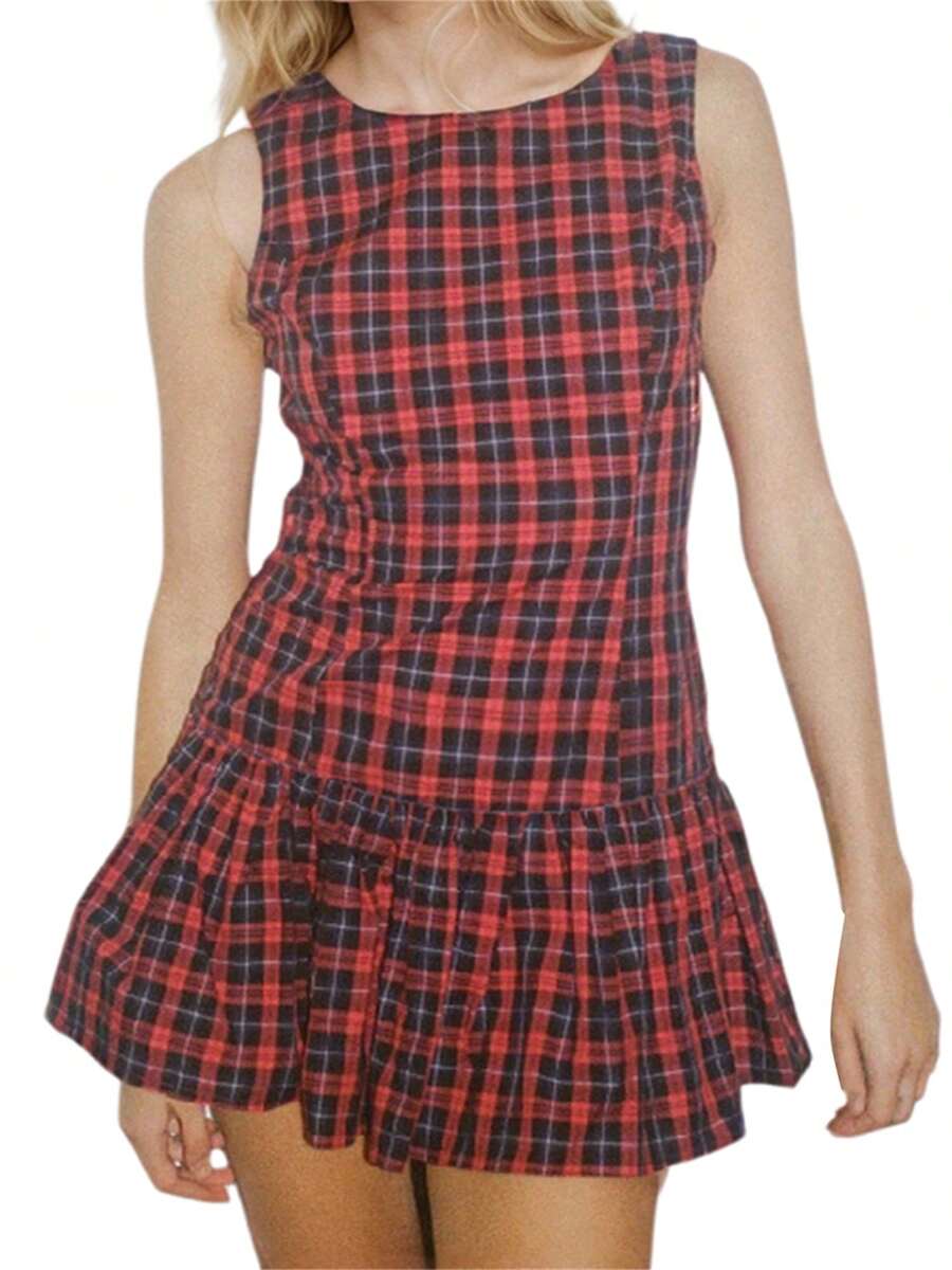 Women Summer Mini Dress Sleeveless Ruched Ruffle Layered Hem Bodycon Short Dress Slim Fitted Party Cocktail Dress Plaid/Polka Dots Print Crew Neck Casual Sundress - 紅色 - 查看 1