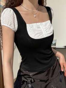 Women Y2k Fairycore Grunge Shirt Tops Short Sleeve Square Neck Fake Two-Piece T-Shirt  Slim Fit Cottagecore Going Out Crop Tees Tops Teen Girl Aesthetic Clothes - màu đen - Xem 4