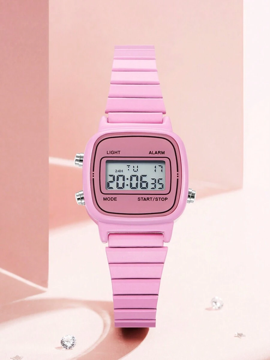 Fashionable Women's Square Pink Stainless Steel Band Electronic Watch, Multi-Function Sport Women's Calendar Digital Wrist Watch Suitable For Daily Wear, Holiday Gift - Pink - View 1