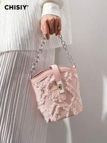 CHISIY Handmade Orignal Kyoto Diamond Texture Tassel Chain Pink Faux Leather Fabric Fashion Bucket Bag, Elegant Business High Capacity Women Commuter Bag, Casual Student Simple Music Festival Shoulder Bag, New Year Gift, Valentine's Day Gift, Suitable For Work, Shopping, Vacation, Travel, Party, Autumn/Winter, Crossbody Bag