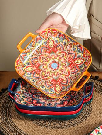 1pc Square Ceramic Plate, 4 Color Options, Single/2/4 Pcs Set, With Double-Ear Heatproof Design, Homestyle Dinnerware, Suitable For Home & Restaurant Use