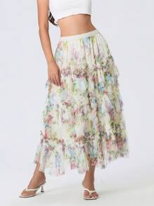Women's Summer Floral Mesh Skirt Irregular Flowy A-Line Midi Skirt For Travel, Beach, Casual - 白色 - 查看 8