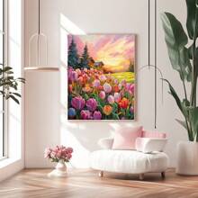 1 pieza Póster de arte mural botánico, Pintura al óleo del campo de tulipanes rosados, Impresión de lienzo del paisaje del atardecer y el ocaso colorido, Pintura de acuarela y óleo floral y de plantas, Decoración mural sin marco, Decoración de habitación, Impresiones de arte mural en lienzo, Decoración de primavera y dormitorio