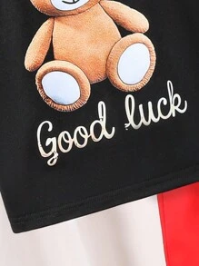 2 pièces/set t-shirt à manches courtes et shorts d'été pour tout-petits garçons, avec imprimé de lettre porte-bonheur et d'ours, tenues décontractées mignonnes