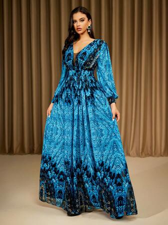 蓝色长袖 V 领花卉印花雪纺连衣裙