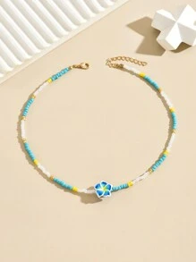 1pc Vacation Style Soft Clay Flower & Bead Strand Necklace - Blue - View 5