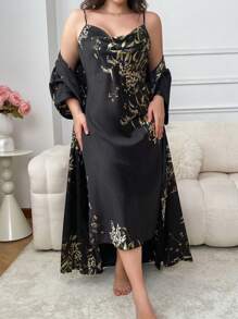2 Piece Plus-Size Elegant Slip Dress Robe - Women's Satin Printed Long Sleeve Belt Slip Dress - Fall - The Perfect Gift For Women - Soft And Comfortable - Relaxing - 黑色 - 查看 2
