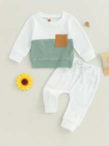 Baby Boys Pants Set, Long Sleeve Crew Neck Contrast Color Sweatshirt With Elastic Waist Sweatpants Infant Clothes - White - View 2