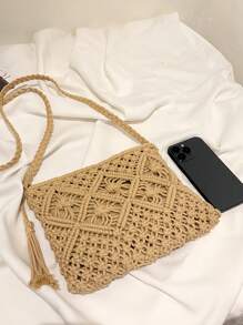 Stylish Solid Color Hollow Handwoven Crochet Bag, Bohemian Style Outdoor Camping Activity Clutch Bag, Spring Summer New Breathable Travel Vacation Beach Bag, Lightweight Casual Daily Commuting Shopping Shoulder Bag, Women Crossbody - Khaki - View 4
