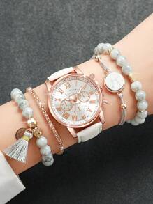 5 pièces/Set Montre-bracelet à quartz avec cadran romain minimaliste décontracté pour femmes et set de bracelet à perles, mode, sans boîte de montre
