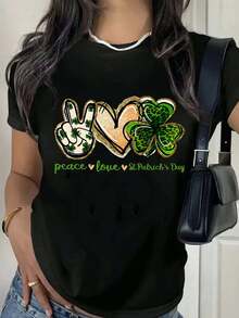 Peace Love St. Patrick's Day Heart Clover Print T-Shirt - Women'S Casual Crew Neck T-Shirt, Black Crew Neck Tee With Short Sleeves, Ideal For Spring & Summer Outings, Perfect Gift For St. Patrick's Day Valentine's Day