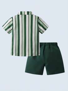 BOARNSEORL 2pcs Young Boys' Striped Short Sleeve Shirt And Shorts Set, Suitable For Birthday, Party, Vacation - Green - View 3