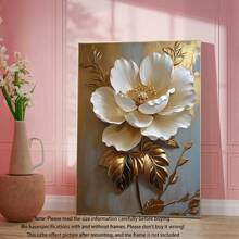 1 pieza, Pintura colgante de lienzo, Pintura decorativa enmarcada, Póster, Arte de pintura de óleo floral blanca elegante con hojas doradas - Decoración de pared abstracta moderna para sala de estar, dormitorio, oficina, etc. - Pintura al óleo enmarcada en HD, regalo perfecto para Halloween, Acción de Gracias, Navidad, decoración de habitaciones, pasillo, cafetería, biblioteca, baño