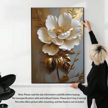 1 pieza, Pintura colgante de lienzo, Pintura decorativa enmarcada, Póster, Arte de pintura de óleo floral blanca elegante con hojas doradas - Decoración de pared abstracta moderna para sala de estar, dormitorio, oficina, etc. - Pintura al óleo enmarcada en HD, regalo perfecto para Halloween, Acción de Gracias, Navidad, decoración de habitaciones, pasillo, cafetería, biblioteca, baño