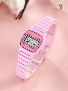 Fashionable Women's Square Pink Stainless Steel Band Electronic Watch, Multi-Function Sport Women's Calendar Digital Wrist Watch Suitable For Daily Wear, Holiday Gift - Pink - View 2