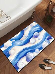1 件蓝色贝壳地垫，复古风格波浪和沙色贝壳图案，明亮漂亮，适用于浴室、室内外入口、家居装饰，可机洗，防滑、耐污家居浴室装饰浴室地毯