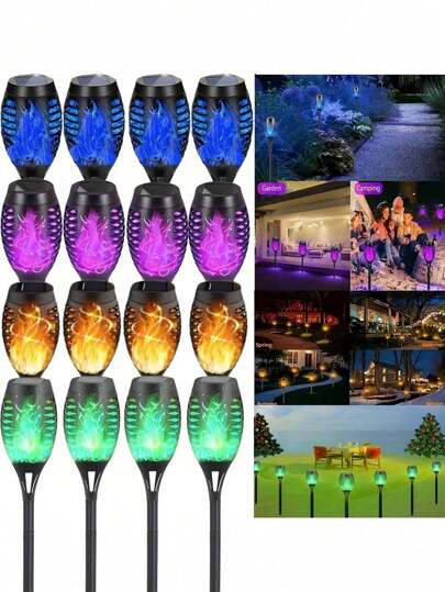 6/4/2/1pc Solar 12LED Flame Torch Light With Flickering Flame Solar Tiki Torch Light-Automatic On/Off Perfect For Garden Path And Outdoor Landscape Pathway Lighting Courtyard And Garden Halloween Decoration (Green) (Purple) (Blue) (Flame Color) Suitable For Various Holiday Decorations For Thanksgiving And Easter