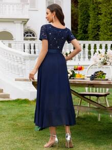 MIUSOL V-Neck Sequin Lace Contrast Color Chiffon Ruffle Hem Elegant Ball Gown Skirt, Suitable For Wedding Guest, Formal Dinner And Other Occasions - Navy Blue - View 3