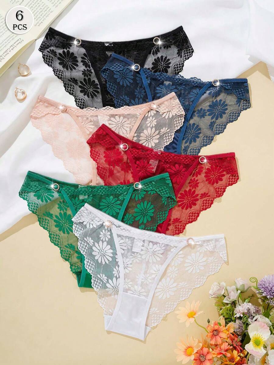 6 件装女士花卉蕾丝水钻装饰舒适柔软透气性感内裤
