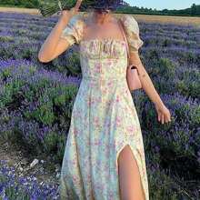 Women's Summer Puff Sleeve Floral Split Maxi Dress Flowy A Line Casual Beach Long Dresses Lace Up High Splitting Maxi Dress Elegant Square Neck Boho Split Long Dresses - White - View 3