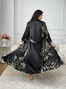 2 Piece Plus-Size Elegant Slip Dress Robe - Women's Satin Printed Long Sleeve Belt Slip Dress - Fall - The Perfect Gift For Women - Soft And Comfortable - Relaxing - 黑色 - 查看 1