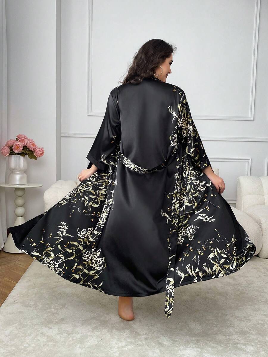 2 Piece Plus-Size Elegant Slip Dress Robe - Women's Satin Printed Long Sleeve Belt Slip Dress - Fall - The Perfect Gift For Women - Soft And Comfortable - Relaxing - 黑色 - 查看 1
