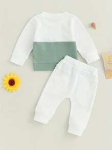Baby Boys Pants Set, Long Sleeve Crew Neck Contrast Color Sweatshirt With Elastic Waist Sweatpants Infant Clothes - White - View 4