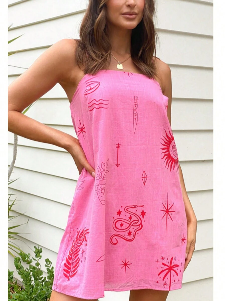 Women Slip Dress, Spaghetti Straps Backless Graphic Print A-Line Dress Summer Mini Dress - Hồng1 - Xem 1