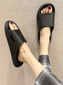 Women's Fashionable Versatile Casual Soft Minimalist Design Black Matte Quiet Thick Sole Non-Slip Odor-Resistant EVA Material Slip-On House Slippers, New Bestseller Of All Seasons