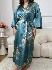 Plus Size Women's Print Satin Robe - Casual & Comfortable V-Neck Nightgown With Contrast Trim, Machine Washable, All-Season Cozy Loungewear - Nhiều màu12 - Xem 3