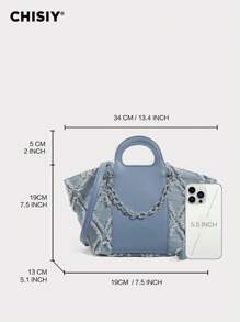 CHISIY [原创手工制作] 钻石格子流苏贝壳 Walkaway 系列蓝色人造皮革和织物链可调节肩带手提包带磁扣开合，简约优雅，容量大，适合情人节礼物、通勤、度假、所有季节 - 藍色 - 查看 7