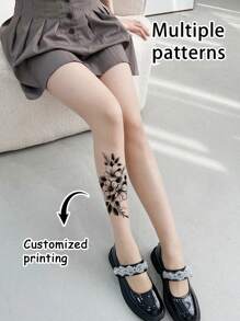 1 Pair Women Plus Size Customizable Tattoo Print Sheer Pantyhose, Nude Color Tights, Transparent Stockings