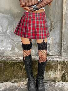Y2K Preppy Cute Contrast Tartan Plaid Print Double Metallic Buckle Pleated Mini Skirt Summer Outdoor Skateboard Hottie Casual Date Night Music Festival Concert Outfit