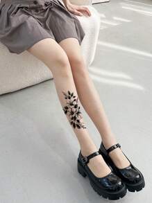 1 Pair Women Plus Size Customizable Tattoo Print Sheer Pantyhose, Nude Color Tights, Transparent Stockings