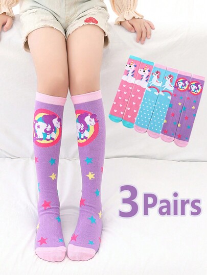 3 Pairs Girls Cute Colorful Straight Tube Knee High Socks, Suitable For Holidays, Everyday, All Seasons