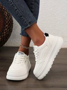 1 双女式休闲白色皮革春季滑板鞋，系带款式，2025 年春季新品 - 米黑色 - 查看 3