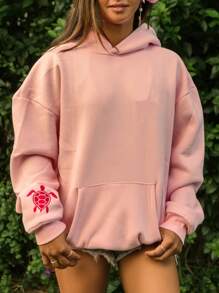 Y2k Hooded Sweatshirt For Women Men Turtle Embroidered Long Sleeve Kangaroo Pocket Oversized Sweatshirt Drop Shoulder Graphic Hoodies For Teen Girls Casual Loose Pullover Tops Streetwear Preppy Aesthetic Clothes For Fall Spring Winter Outfit - Hồng - Xem 3