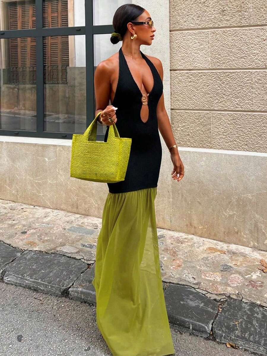 Hollow Out Color Blocking Backless Halter Dress, Sexy
