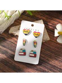 3 对精美木制书本铅笔蜡笔溜冰鞋耳钉设计套装，适合返校教师礼物